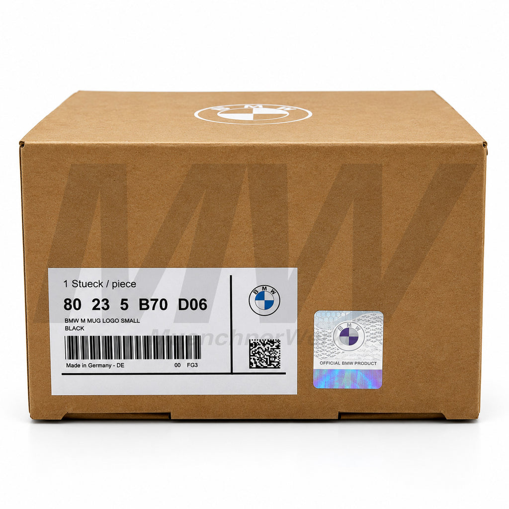 MuenchnerWerke BMW M Performance Logo coffee and tea mug in black, original BMW porcelain merchandise with glossy surface, 350ml capacity and official part number 80235B70D06.