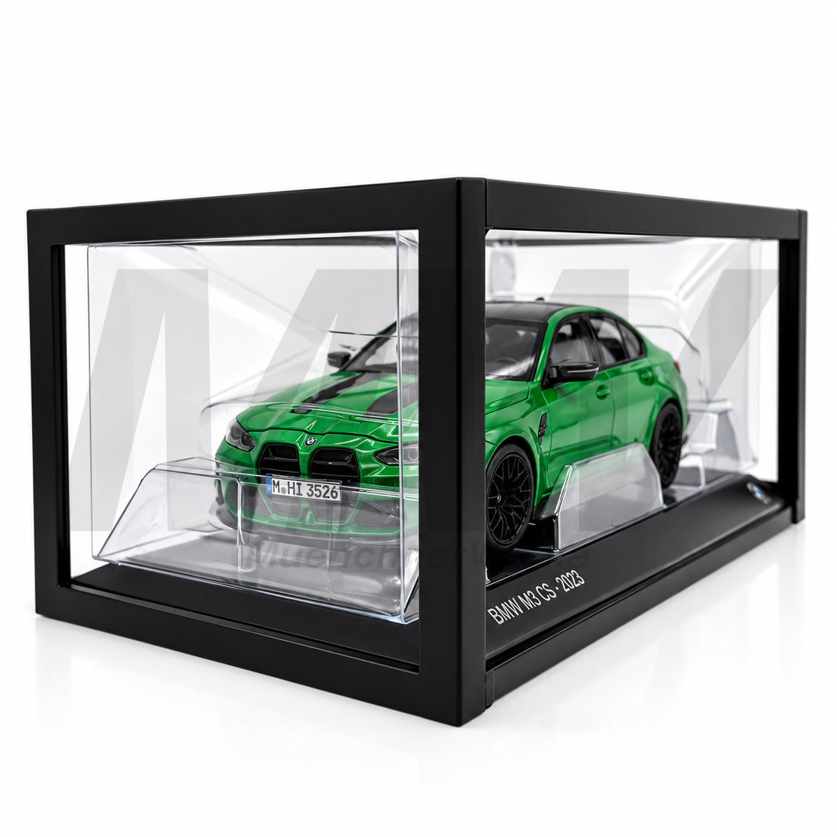 MuenchnerWerke BMW M3 CS G80 scale replica in green, original BMW 1:18 collectible model with genuine BMW product number 80435B308D0.