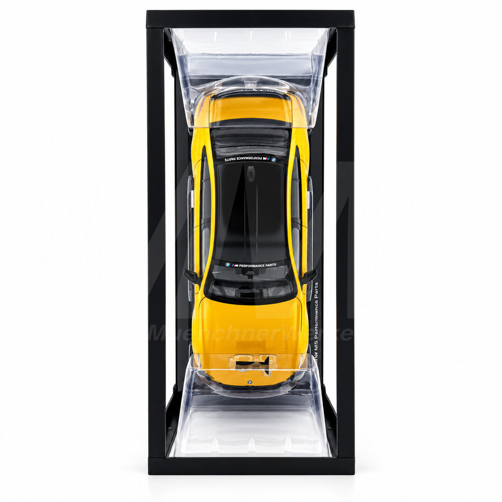 MuenchnerWerke BMW M5 G90 Performance Parts scale replica in yellow, original BMW 1:18 collectible model with genuine BMW product number 80435B6CBE7.