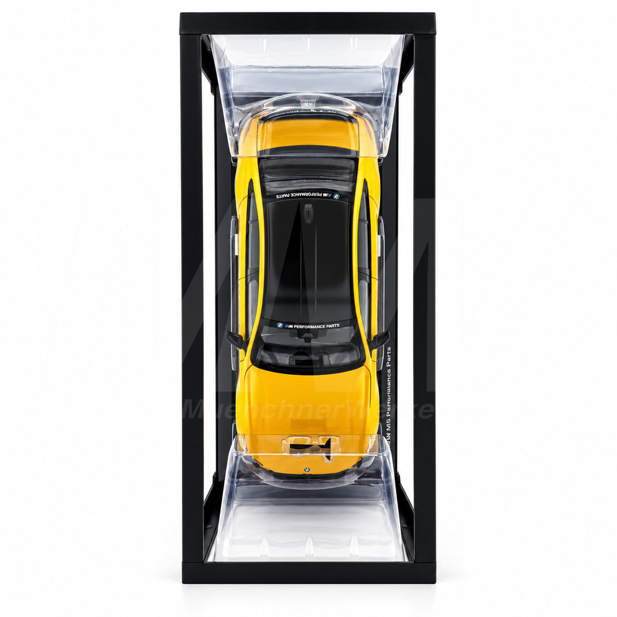 MuenchnerWerke BMW M5 G90 Performance Parts scale replica in yellow, original BMW 1:18 collectible model with genuine BMW product number 80435B6CBE7.