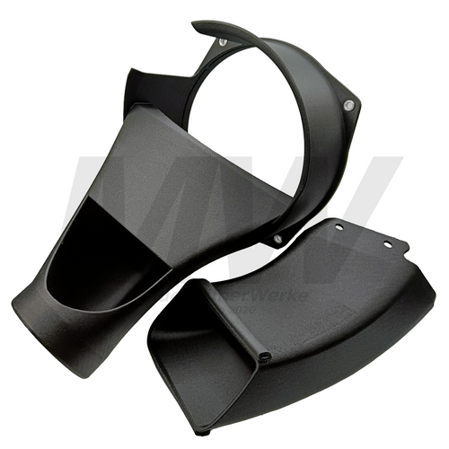 MuenchnerWerke DK-Tec Ultimate high-flow air intake snorkel with additional air duct for BMW E46 M3 and M3 CSL S54 engine, compatible with CSL carbon airboxes.