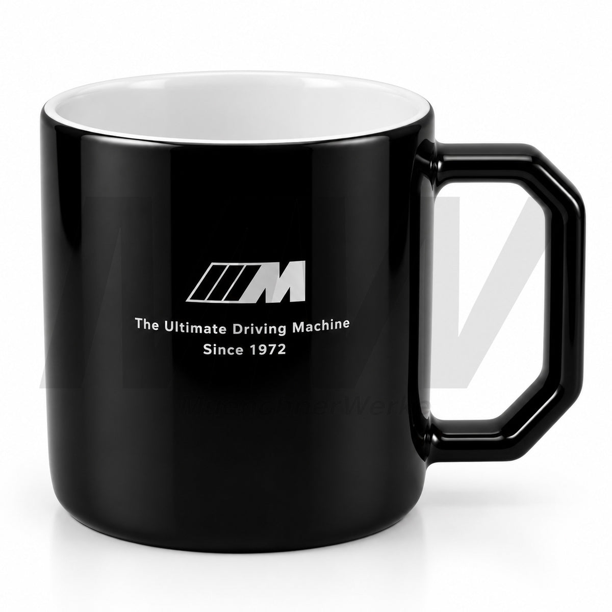 MuenchnerWerke genuine BMW M black porcelain mug with a glossy finish and distinctive BMW M logo, designed for coffee and tea with a 350ml capacity.