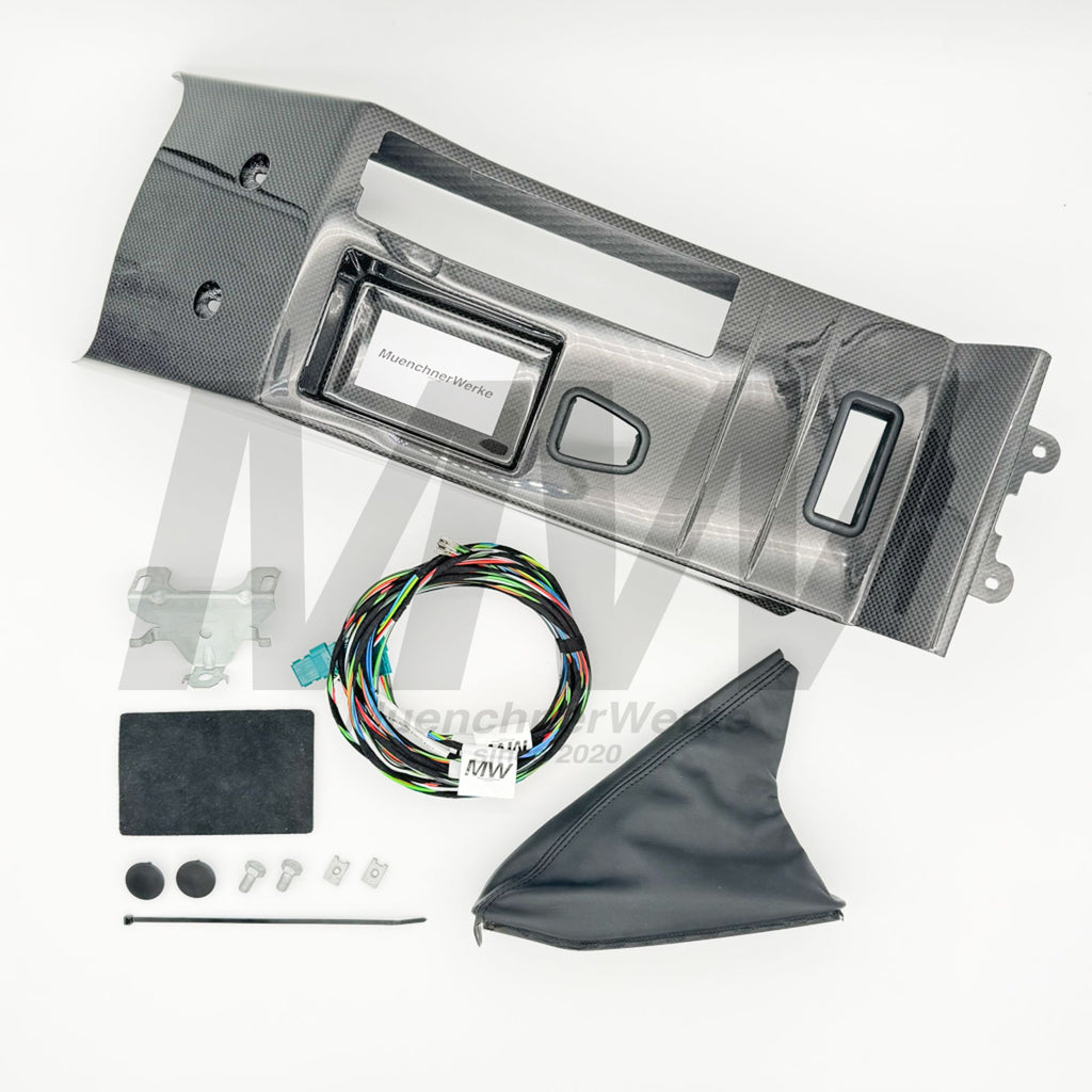 MuenchnerWerke MW Kohlefaser Mittelkonsole ALL IN ONE PACKAGE 2 mit Karbonius Carbon-Mittelkonsole, Original BMW CSL-Anbauteilen und MW Umrüstkabelbaum für zwei Stecker, passend für BMW E46 Coupé, Cabrio und M3.
