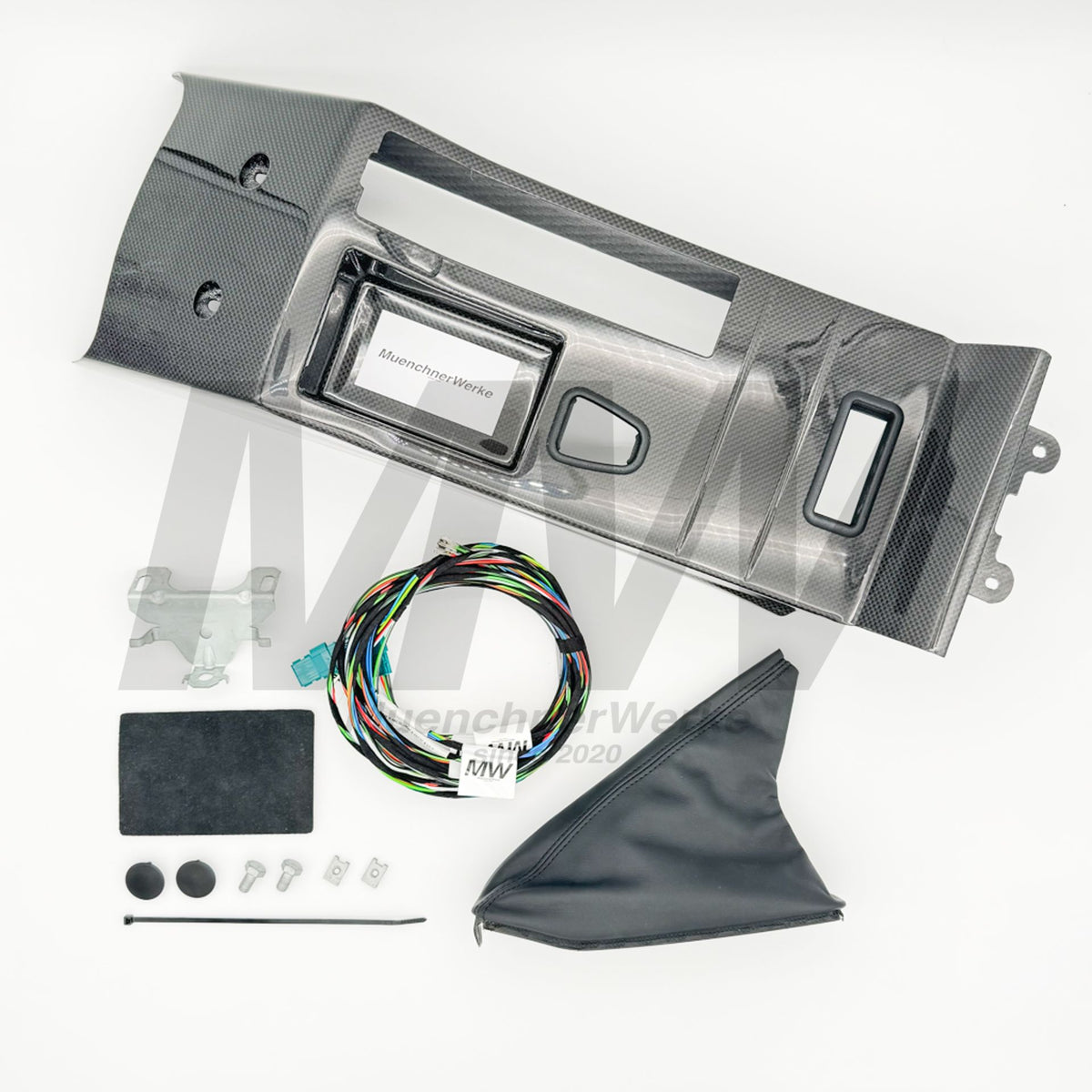 MuenchnerWerke MW Kohlefaser Mittelkonsole ALL IN ONE PACKAGE 2 mit Karbonius Carbon-Mittelkonsole, Original BMW CSL-Anbauteilen und MW Umrüstkabelbaum für zwei Stecker, passend für BMW E46 Coupé, Cabrio und M3.