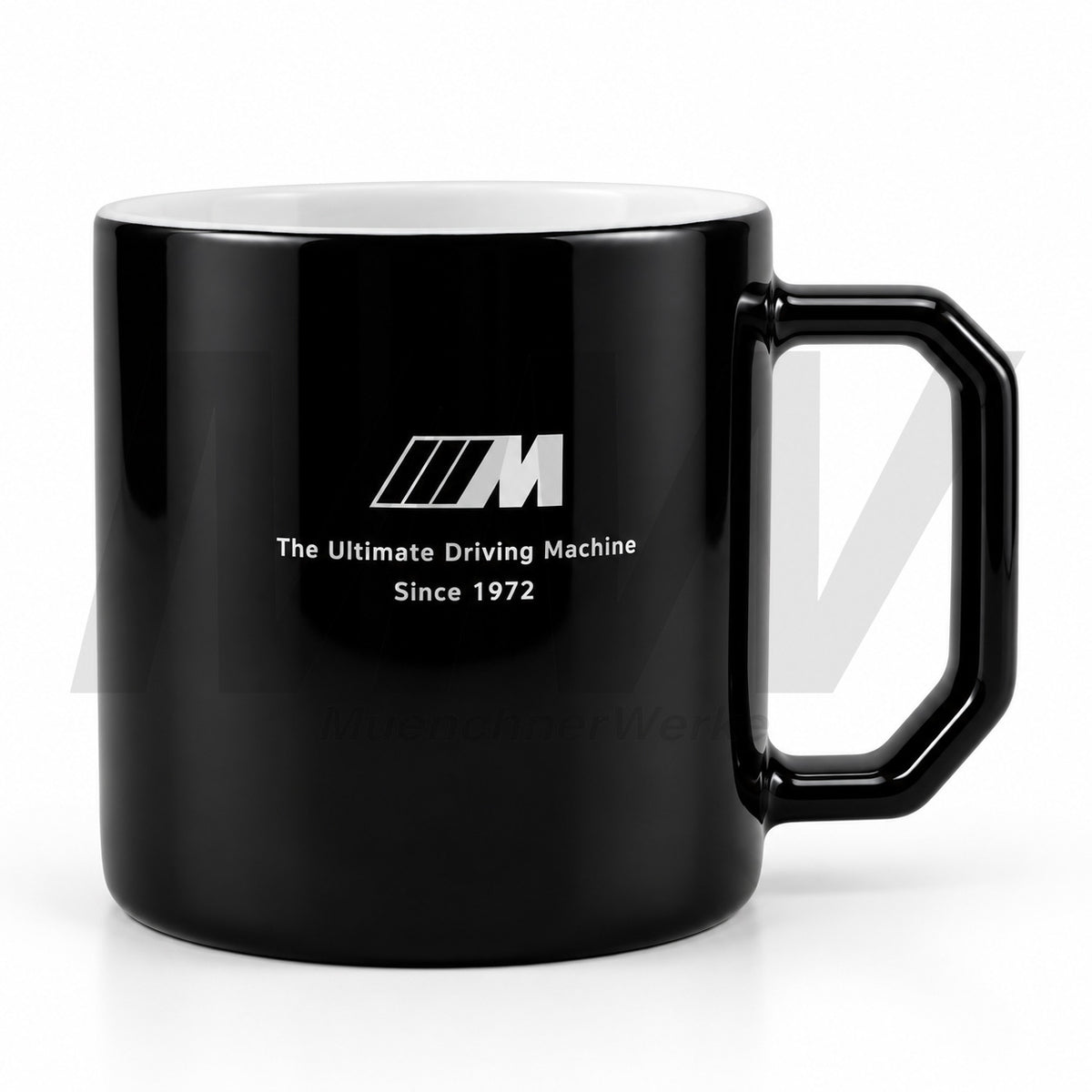 MuenchnerWerke Original BMW M Logo coffee mug in glossy black porcelain with 350ml capacity, genuine BMW merchandise featuring the iconic BMW M emblem, part number 80235B70D06.