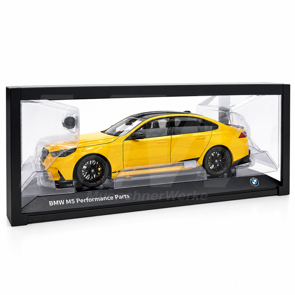 MuenchnerWerke Original BMW M5 G90 Performance Parts model car in yellow, genuine BMW 1:18 scale collectible miniature, part number 80435B6CBE7.