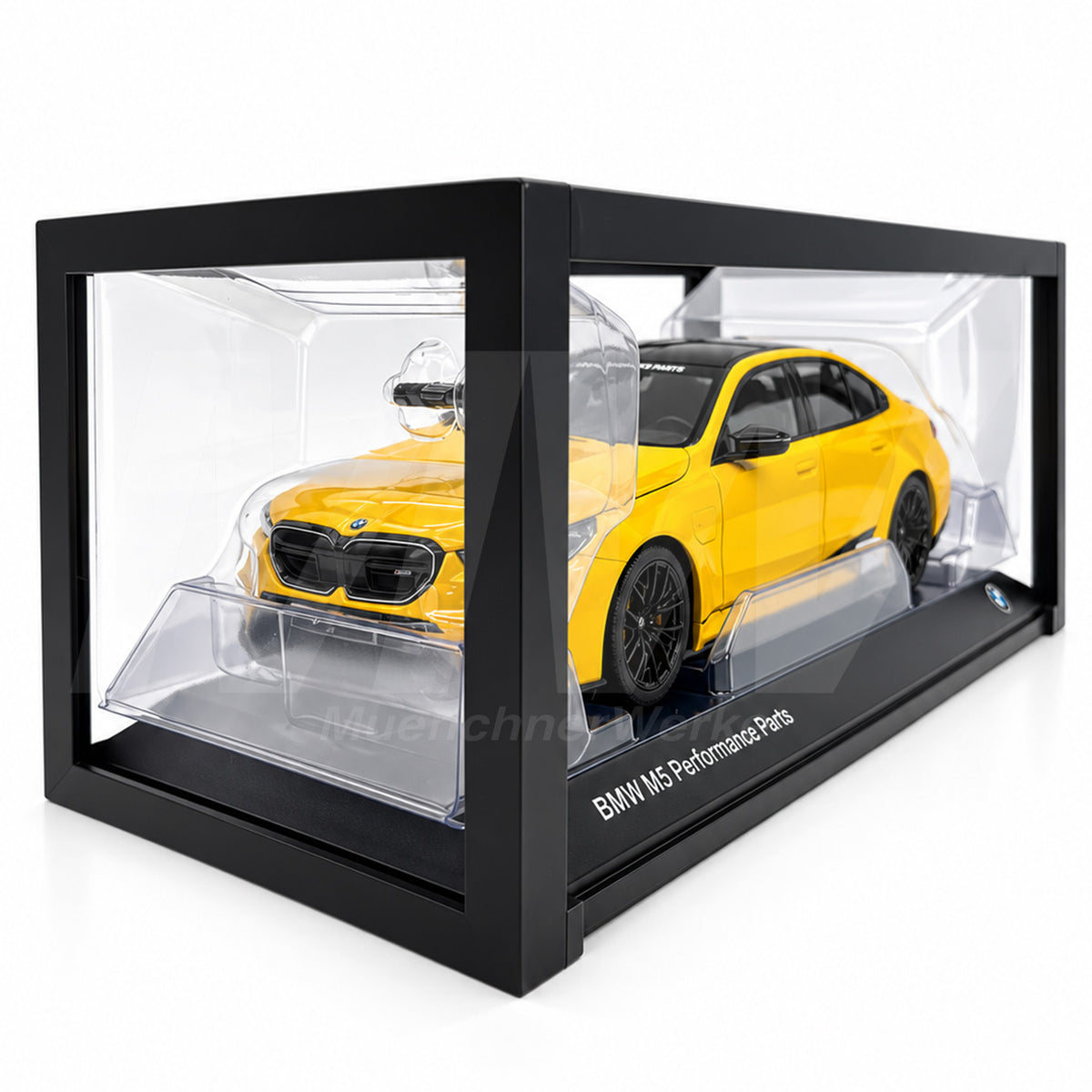 MuenchnerWerke Original BMW M5 G90 sedan with M Performance Parts in yellow, 1:18 scale collectible model representing the BMW M high-performance sports sedan.